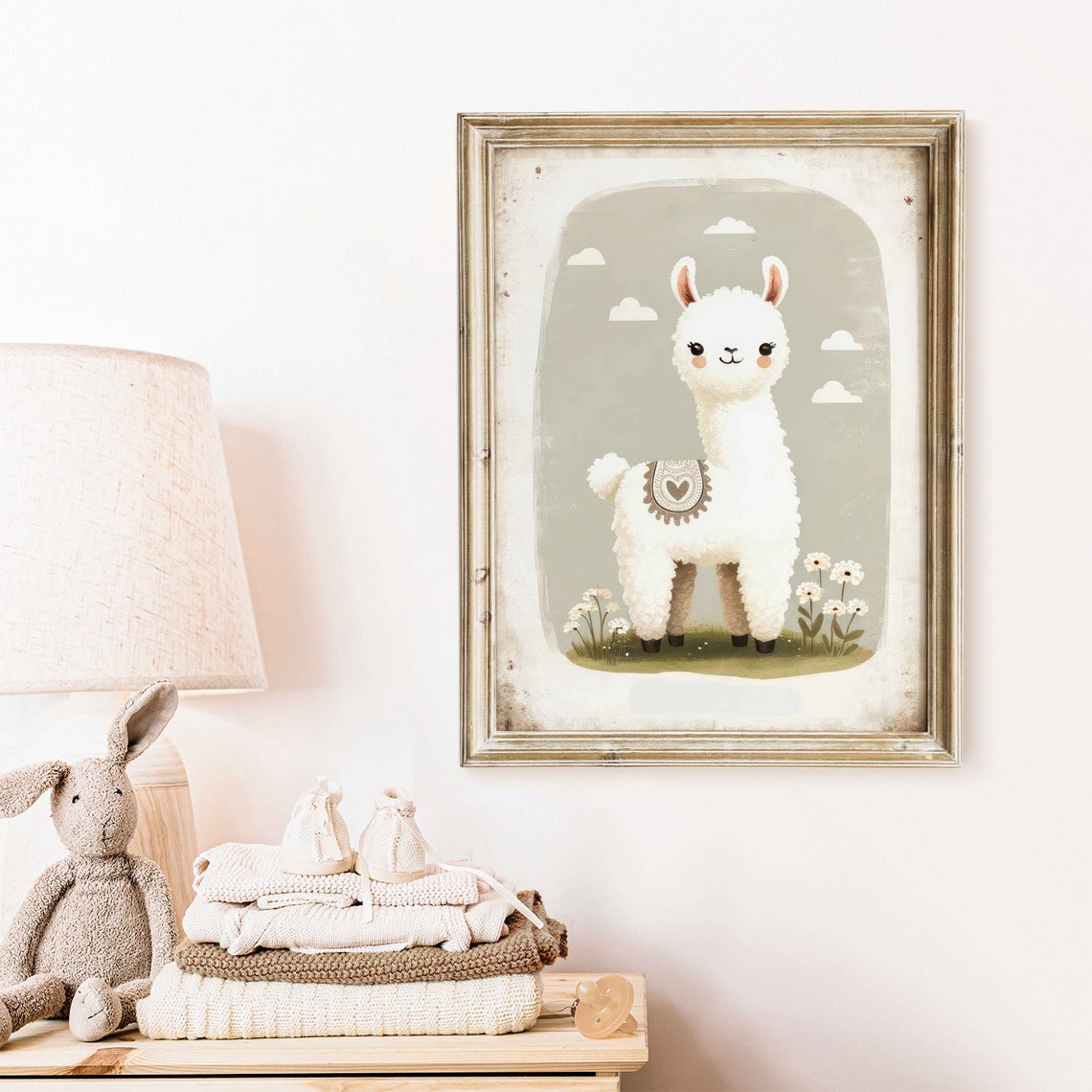 Cute White Llama Nursery Wall Art with Heart Blanket for Baby Room - Image 2