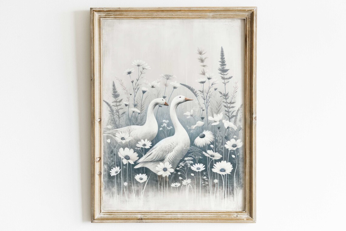 Two White Geese Among Daisies Monochrome Farmhouse Wall Art for Home