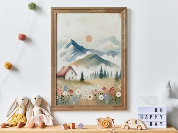 Mountain Cabin with Red Roof and Wildflowers Nursery Wall Art
