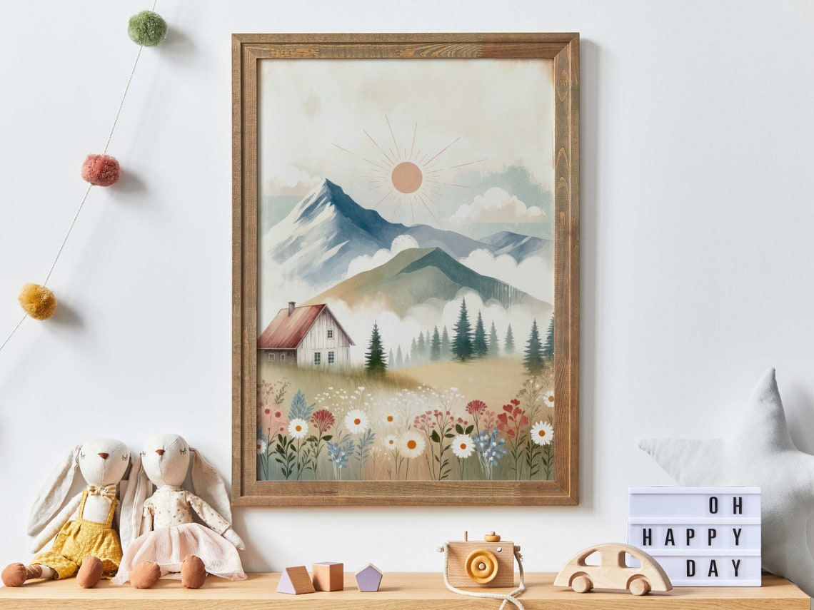 Mountain Cabin with Red Roof and Wildflowers Nursery Wall Art