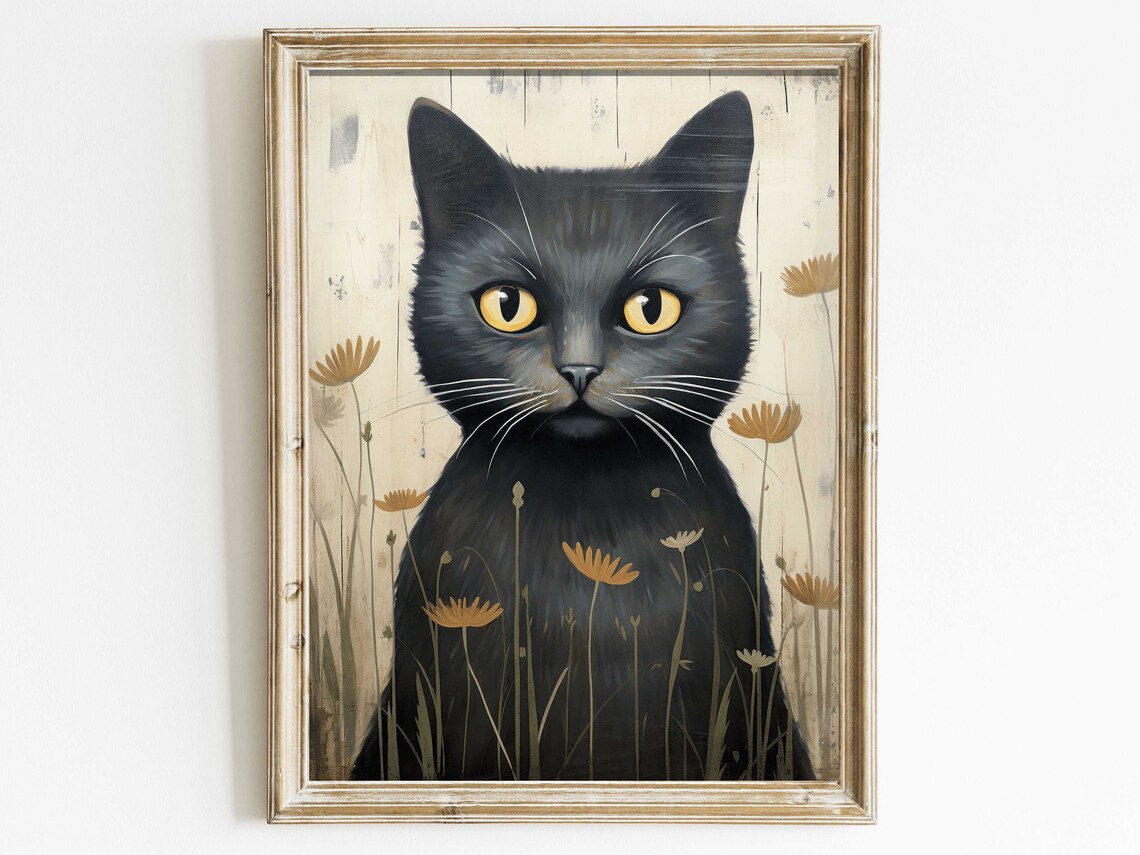 Black Cat Art Print, Vintage Animal Portrait