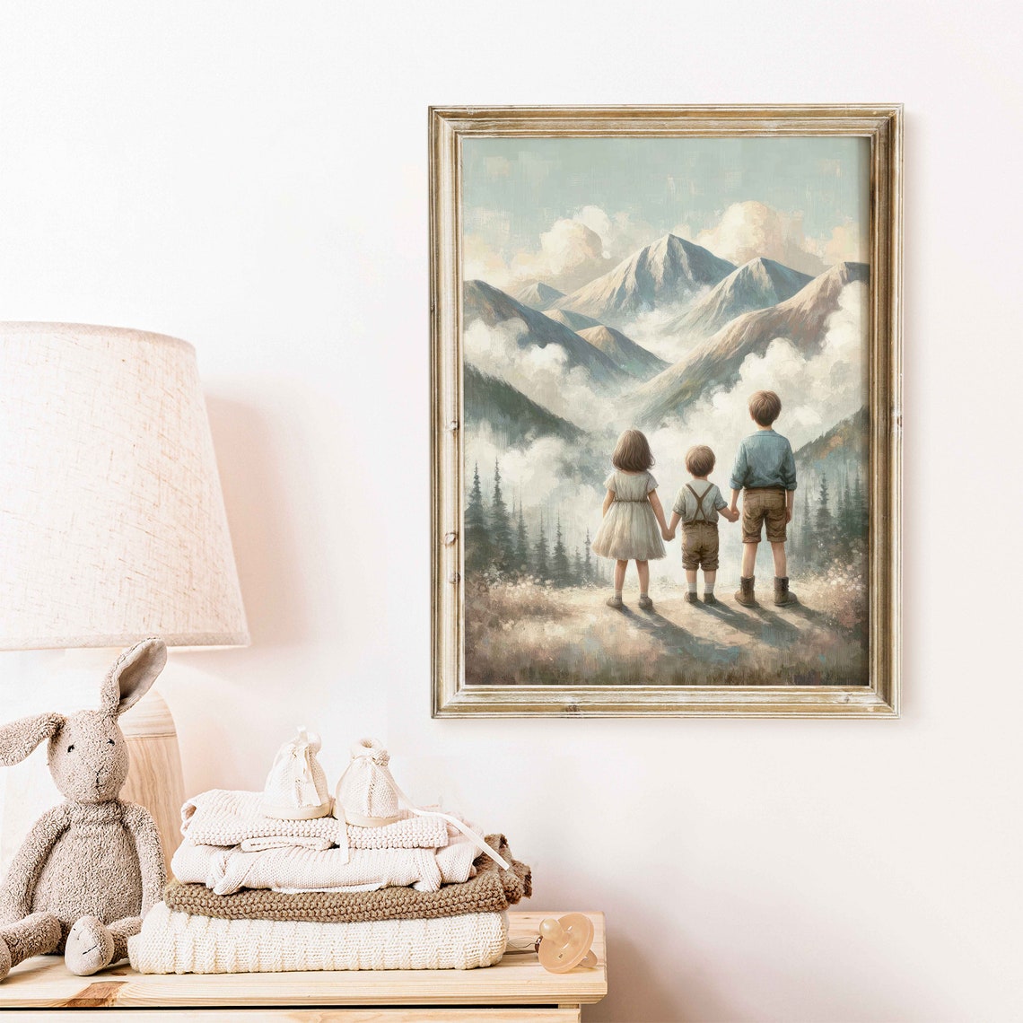 Three Children Gazing Together at Misty Mountain Peaks Poster - Image 2
