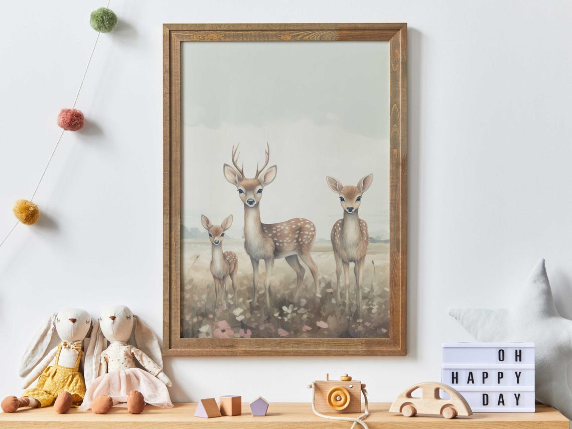 Deer Family Print Deer Nursery Decor Forest Animal Family Portrait Buck Painting Deer Wall Art Wildflower Field Art Girl Art