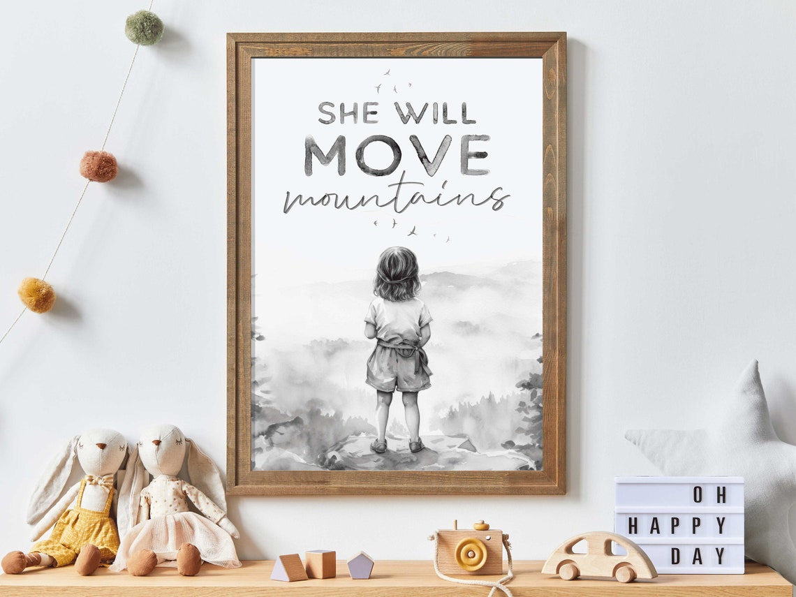 She Will Move Mountains Girl Standing on Mountain Peak Poster