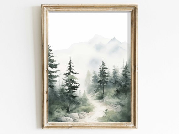 Misty Forest Trail Watercolor Mountain Lake Landscape Scene Poster