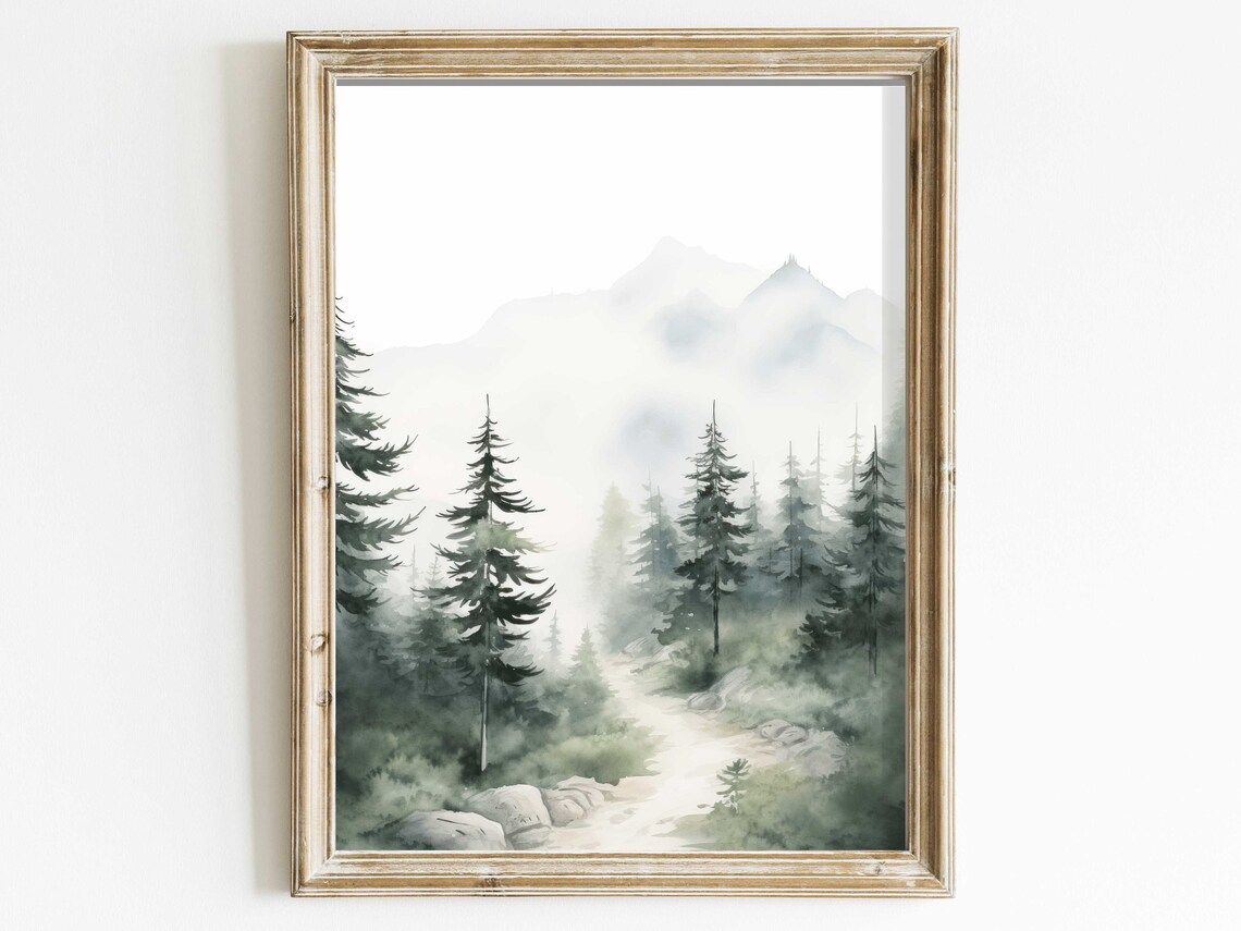 Misty Forest Trail Watercolor Mountain Lake Landscape Scene Poster