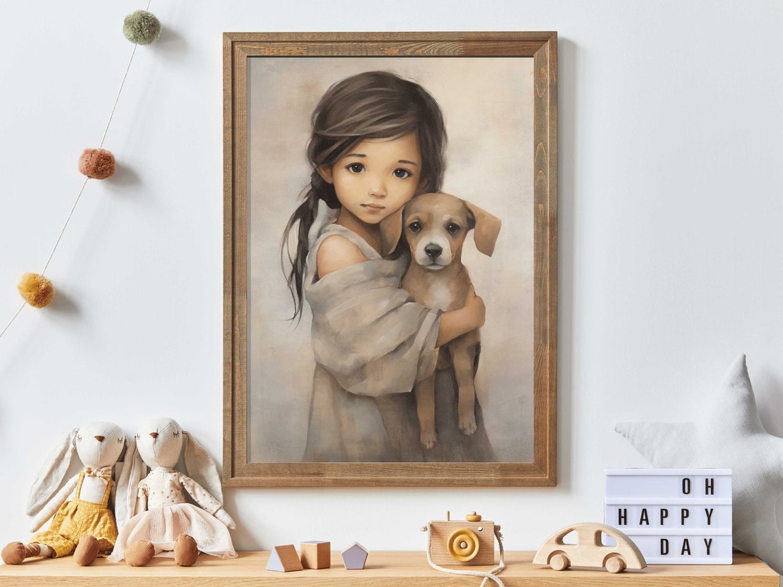 Dog And Girl Vintage Nursery Art Print