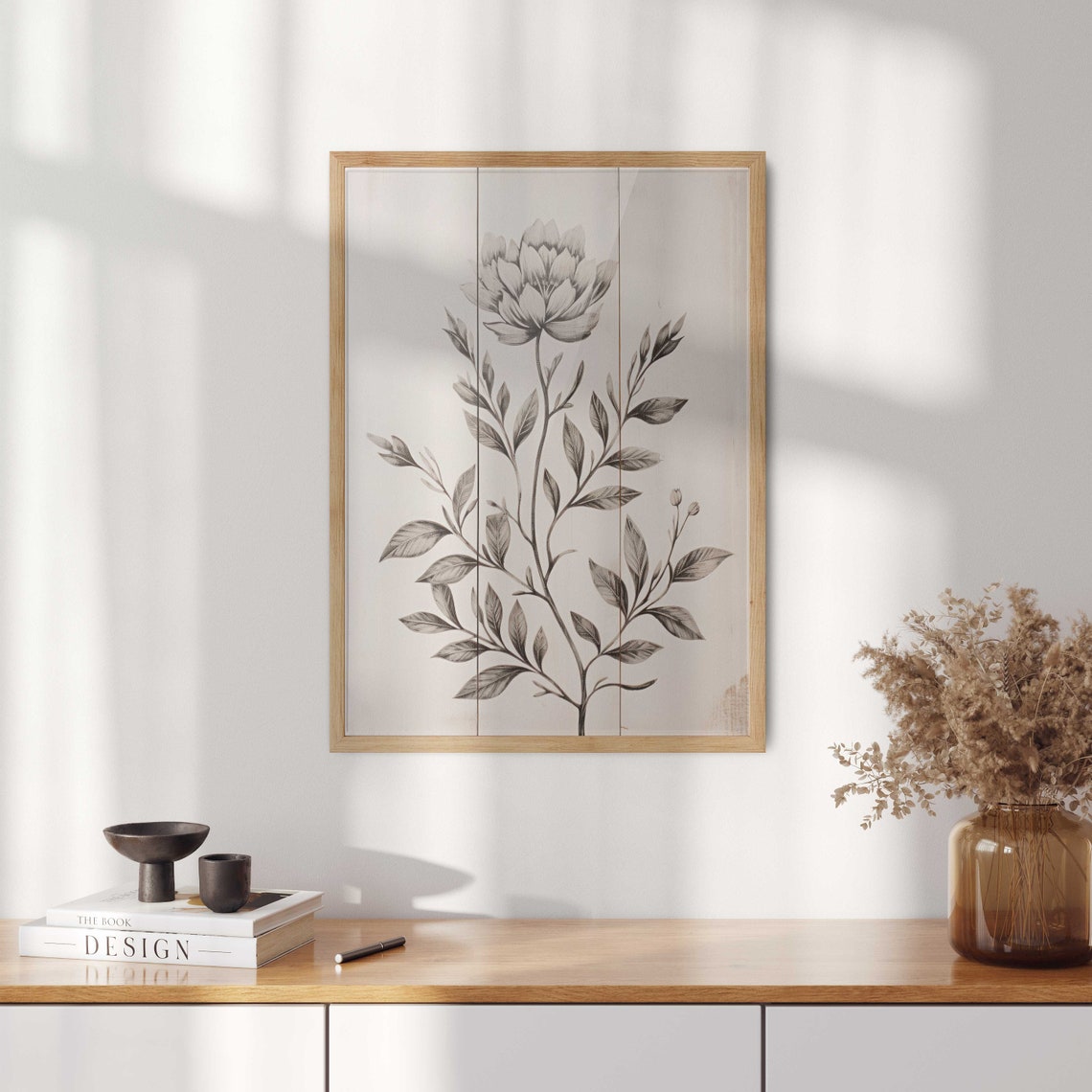 Grayscale Peony Bloom Vintage Botanical Sketch Whitewashed Wood Poster - Image 2