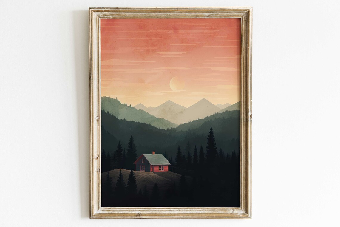 Red Cabin Nestled in Misty Layered Mountains at Sunset Poster