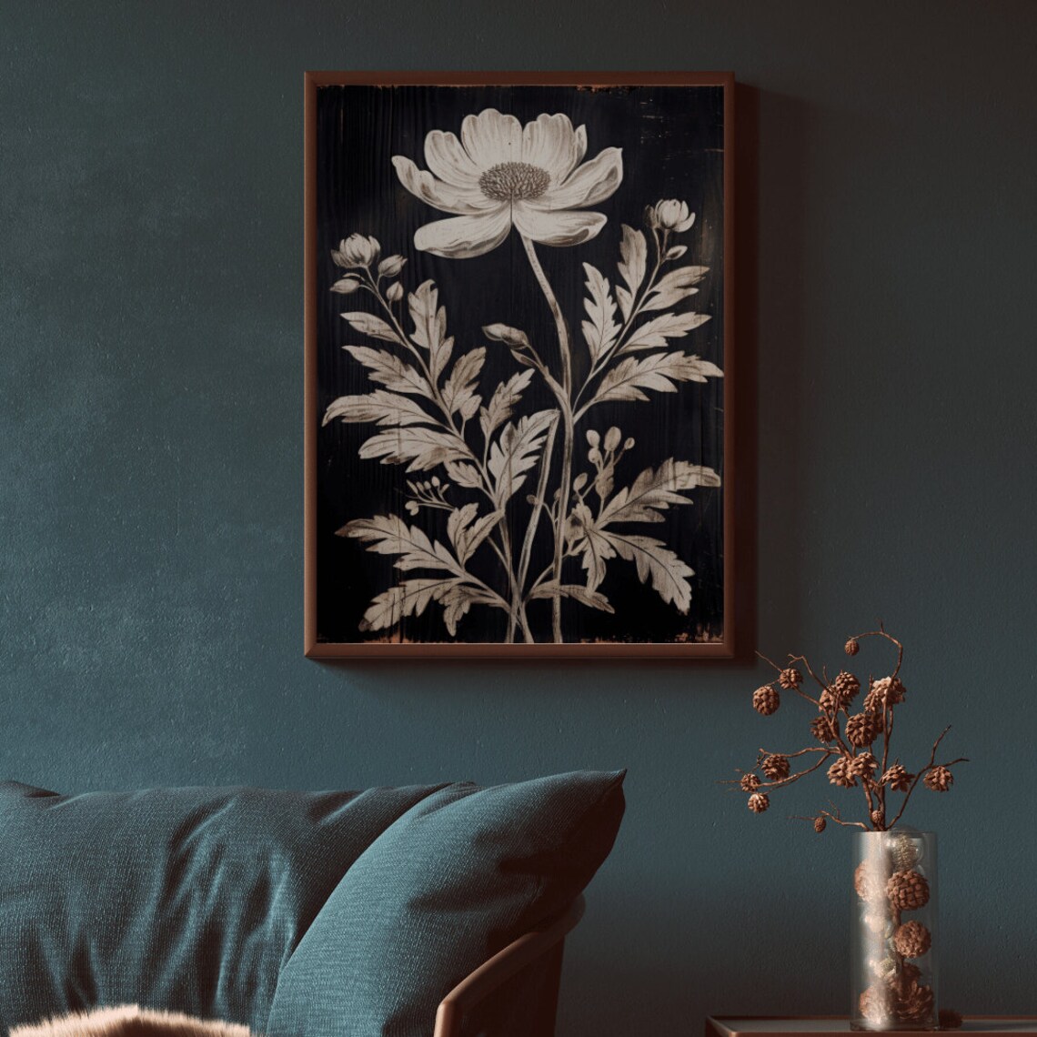 Single White Cosmos Flower on Black Wood Vintage Floral Art Poster - Image 2