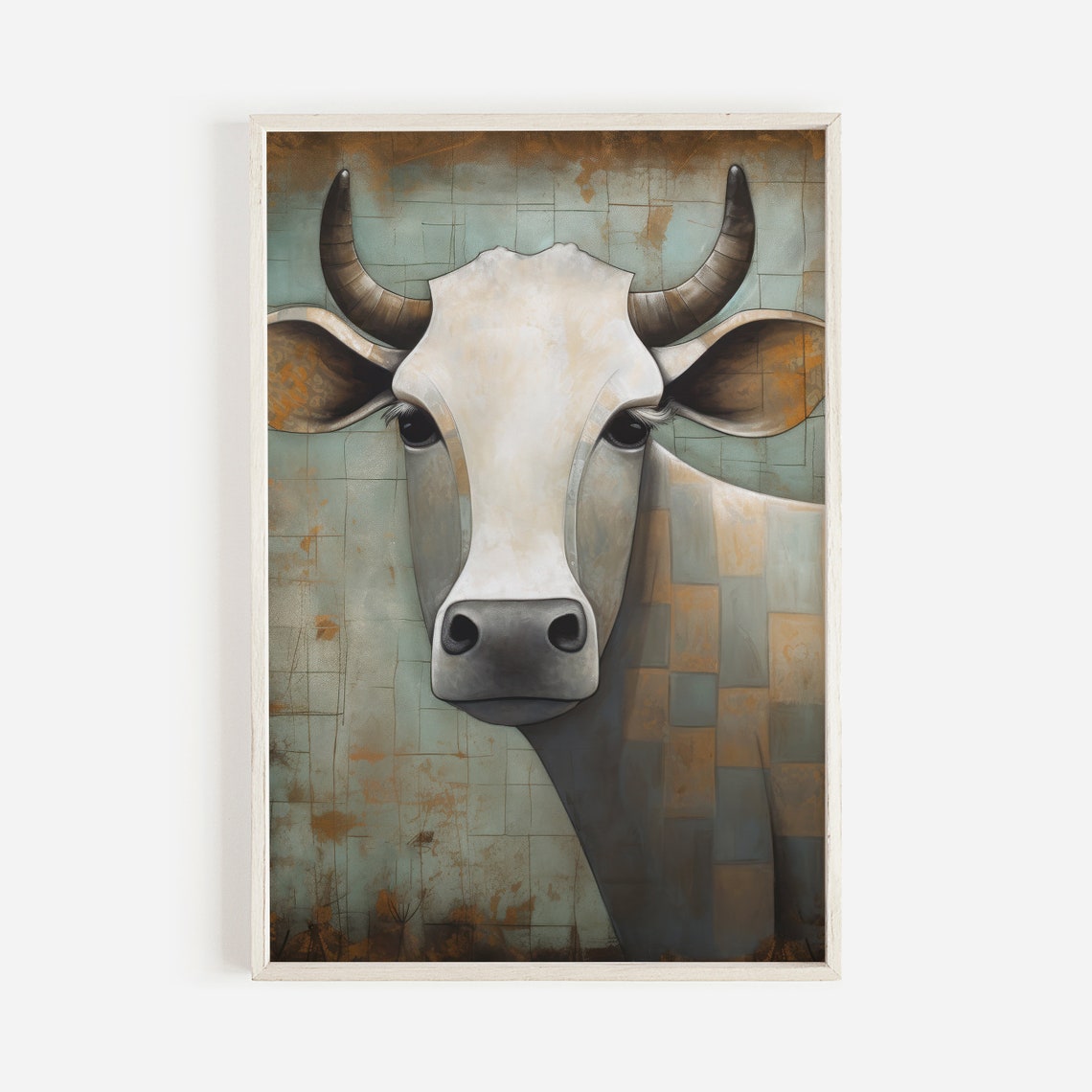 White Cow Portrait on a Distressed Blue Tile Background Poster - Image 2