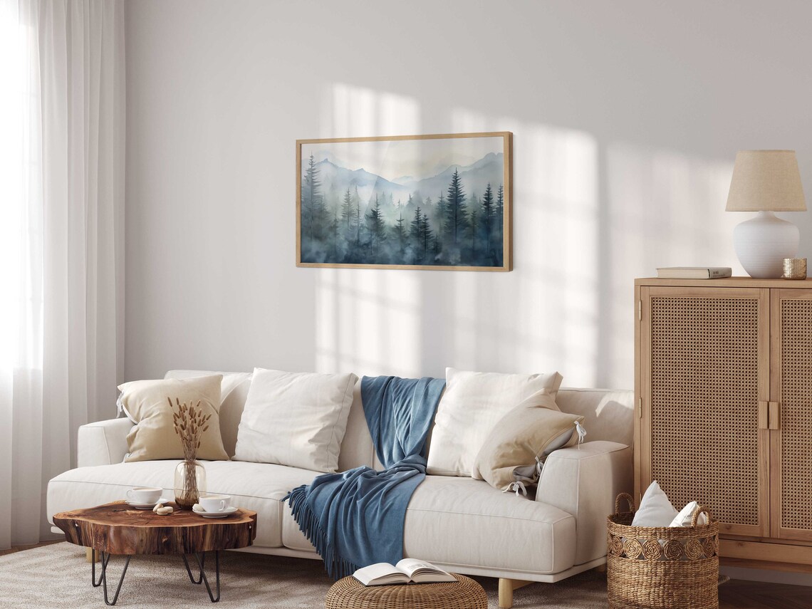 Blue Forest Misty Watercolor Landscape Art Print - Image 2