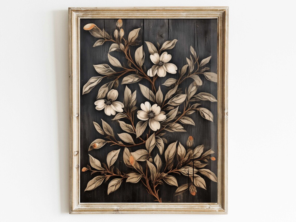 Black Floral Print, Rustic Vintage Botanical Art