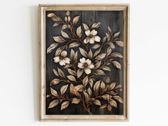 Black Floral Print, Rustic Vintage Botanical Art