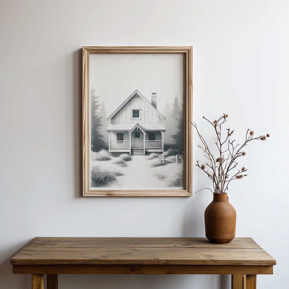 White Forest Cabin in Misty Pines Grayscale Cottage Sketch Poster - Image 2
