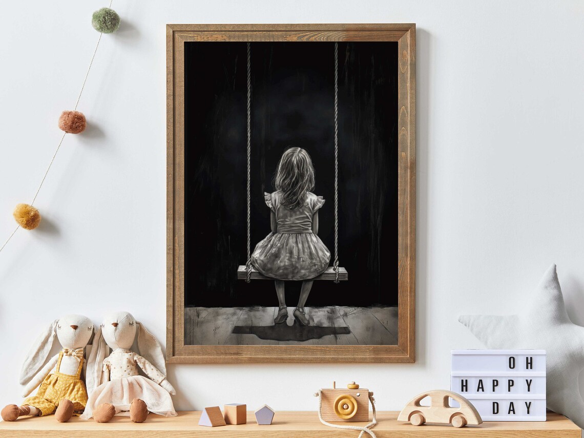 Little Girl on Swing, Vintage Nursery Art Print