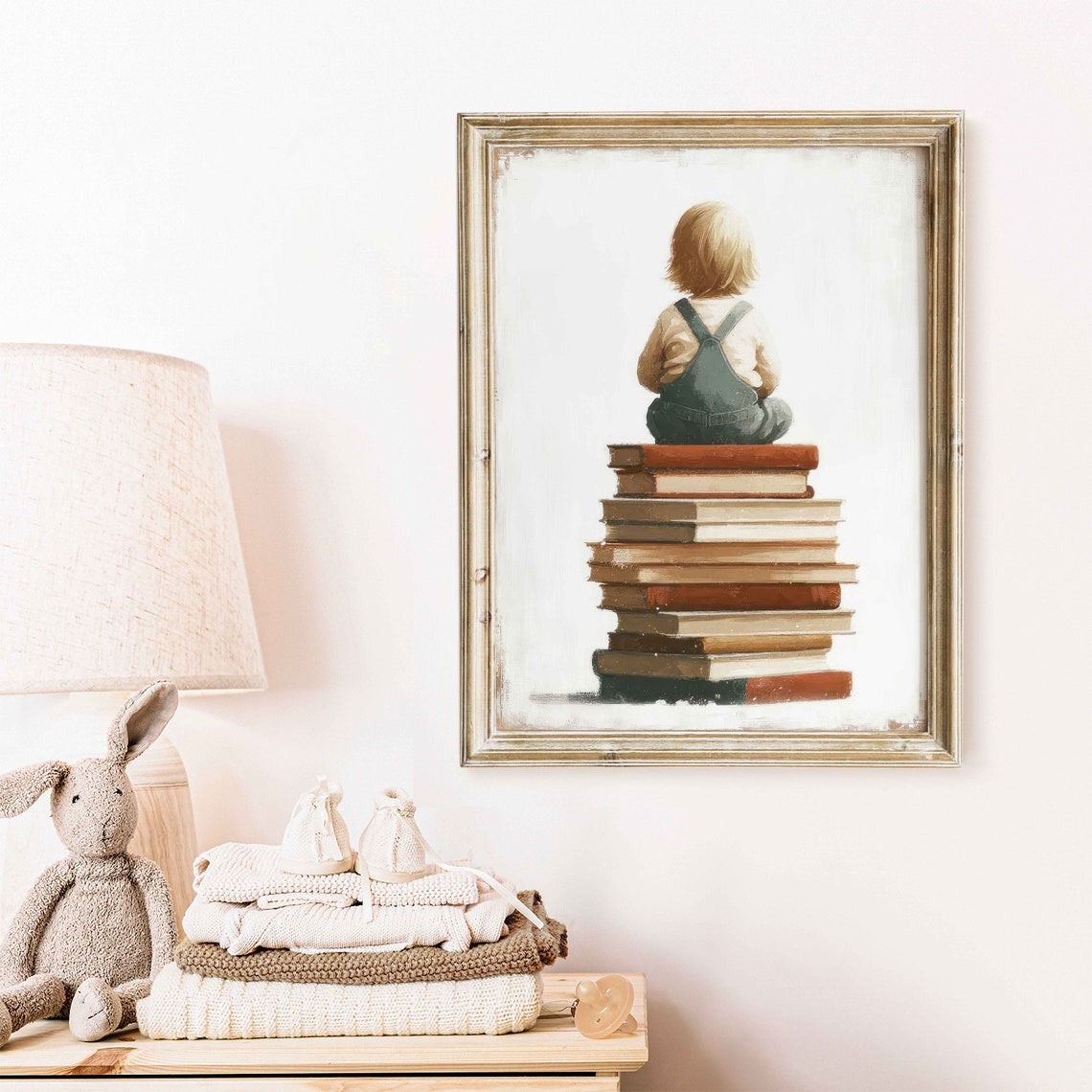 Little Boy Sitting on a Tall Stack of Books Reading Corner Wall Poster - Image 2