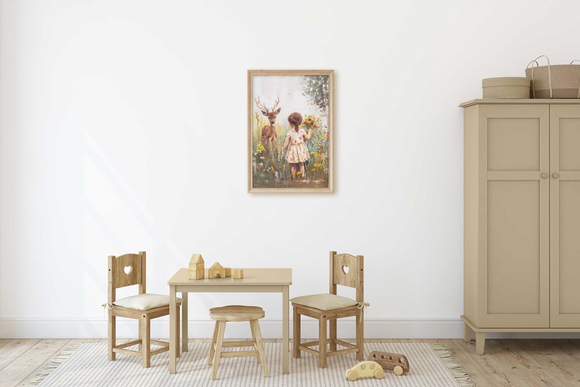 Deer Nursery Decor Animal Nursery Art Forest Animals Girls Room Decor Wildflower Girl Room Decor Deer Kids Art Girl Wall Art - Image 2