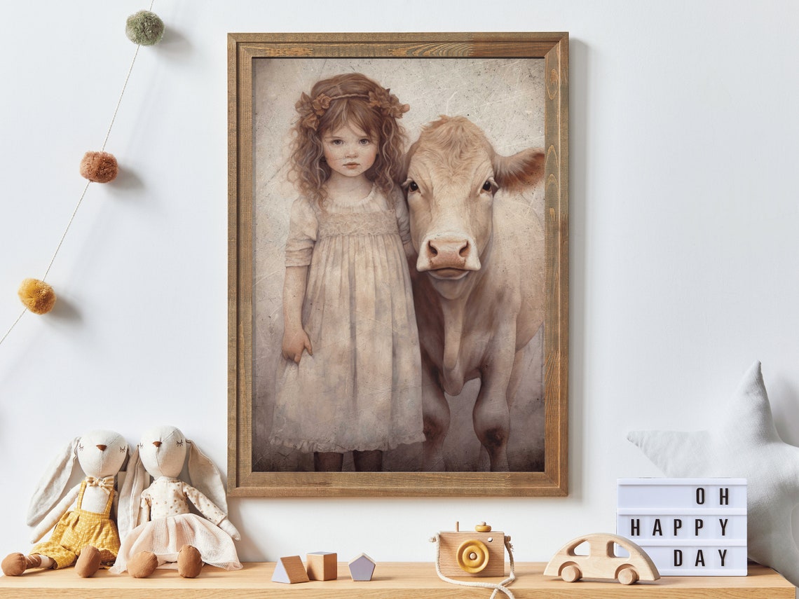 Vintage Farm Animal Wall Art Little Girl With Cow Girls Room Print Farmhouse Nursery Art Rustic Nursery Decor Art