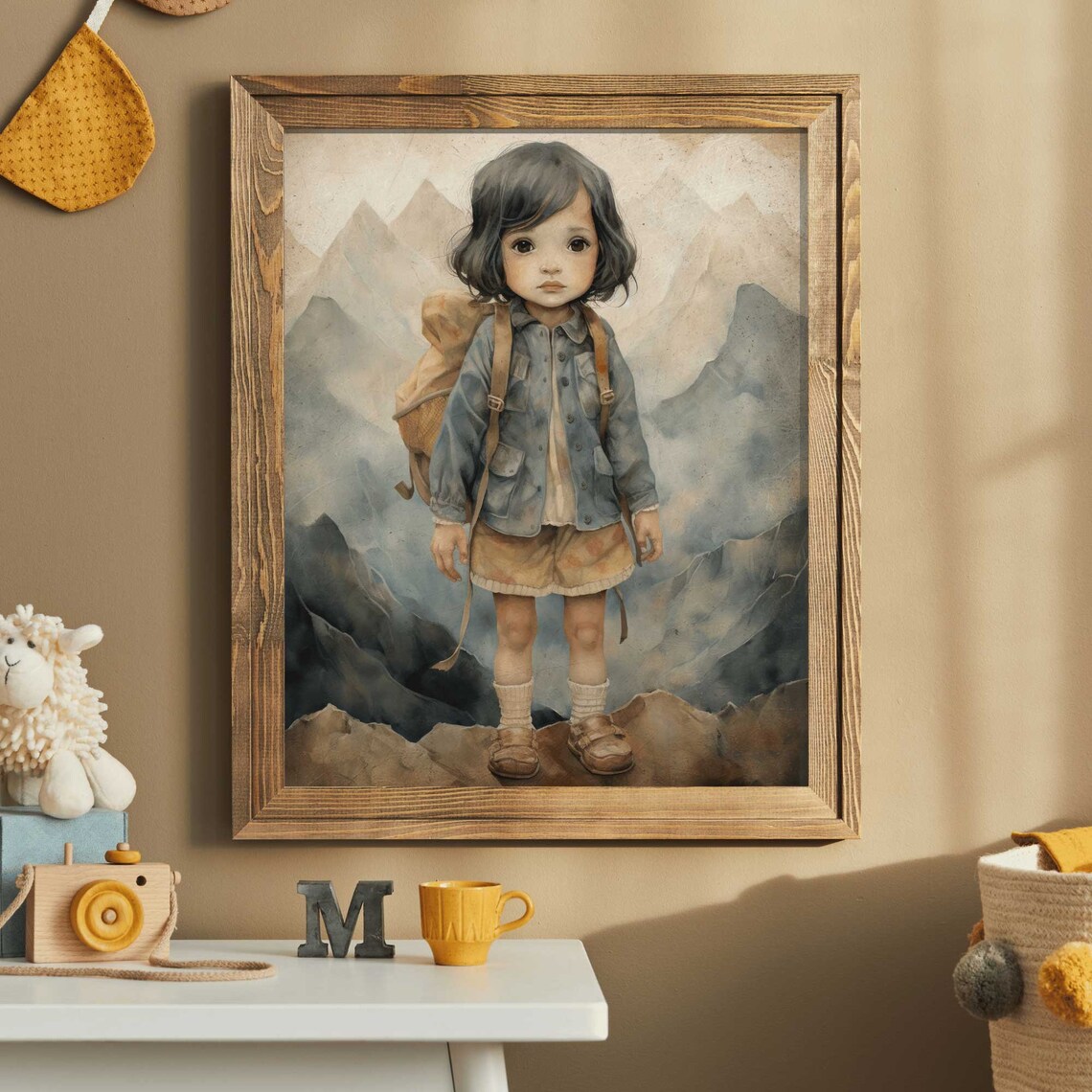 Little Girl Explorer With Backpack On Mountain Peak Adventure Art Print - Image 2
