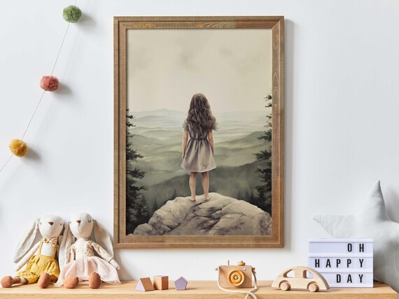 Little Girl Standing On Mountain Rock Overlooking Valley Art Poster