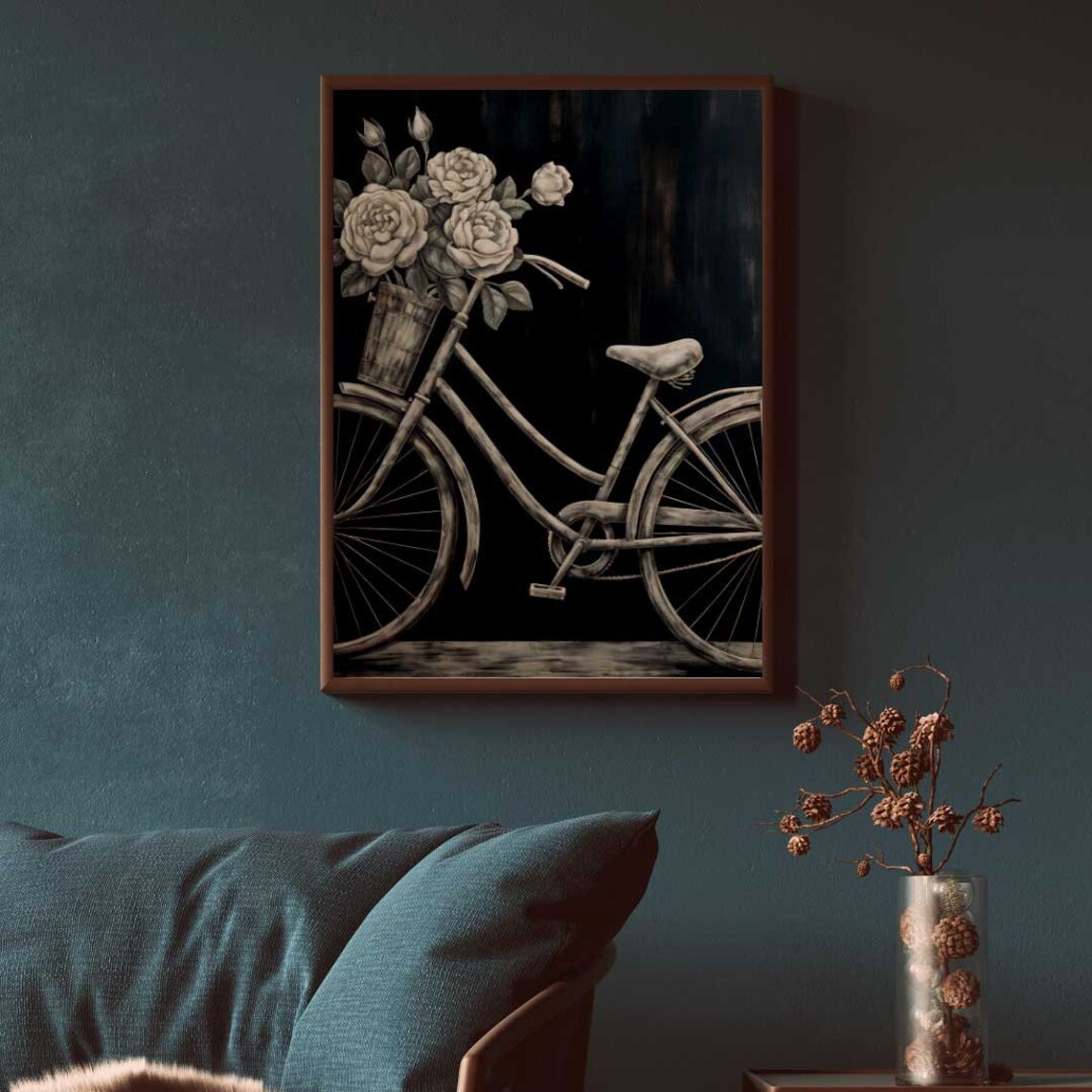 Vintage Bicycle With White Roses Basket Chalkboard Floral Art Print - Image 2