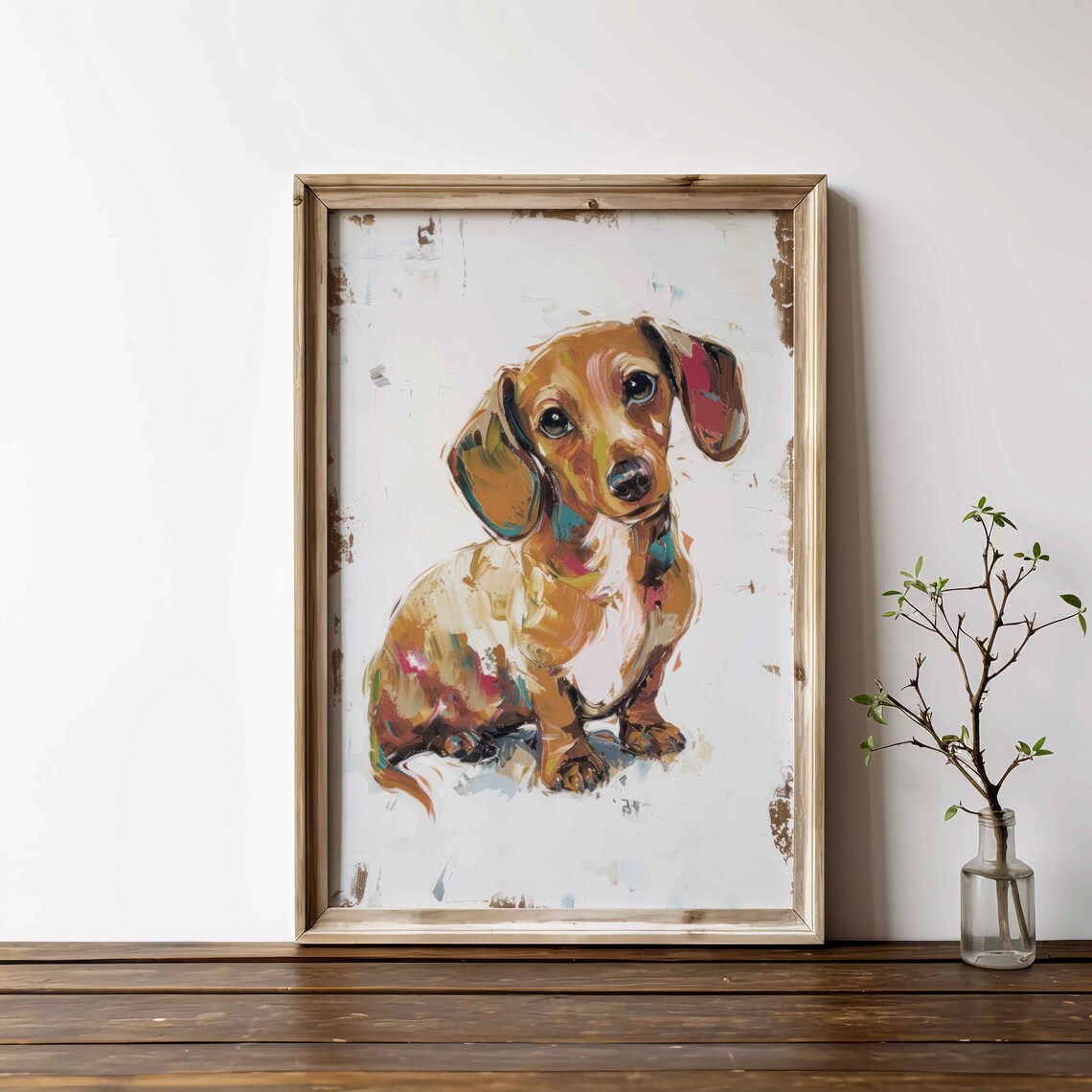 Colorful Dachshund Puppy Portrait in Expressive Oil Style Poster