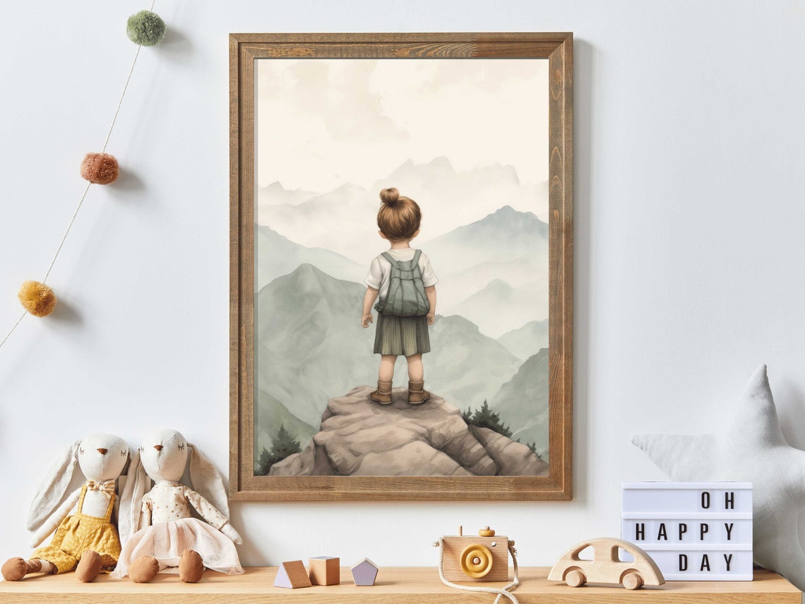 Little Hiker Child On Mountain Peak Adventure Nursery Poster