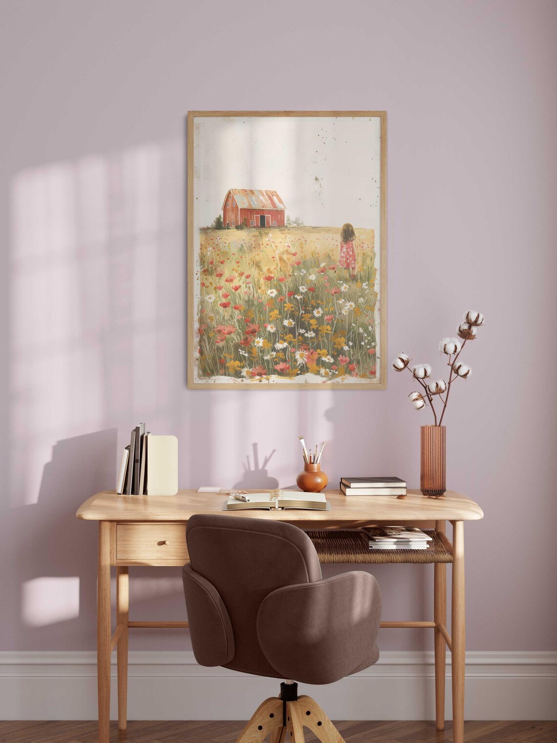 Red Barn Girl in Wildflower Field Farmhouse Nursery Decor Poster - Image 2