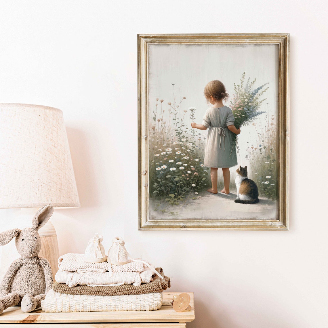 Girl And Cat Wildflower Nursery Decor Girly Wall Art Print Girl Room Decor Floral Nursery Decor Cat Nursery Artprintable Girl Wall Art - Image 2
