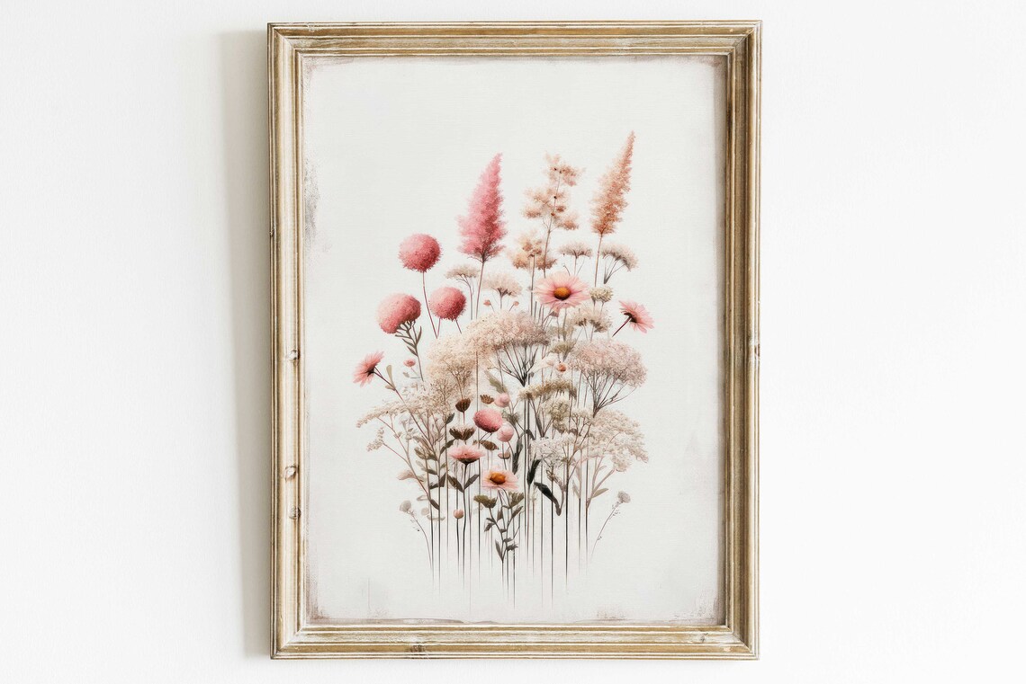 Blush Pink Wildflowers Minimalist Botanical Nursery Wall Decor Poster