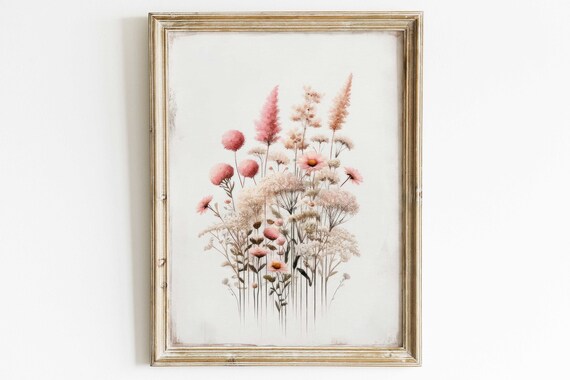 Blush Pink Wildflowers Minimalist Botanical Nursery Wall Decor Poster