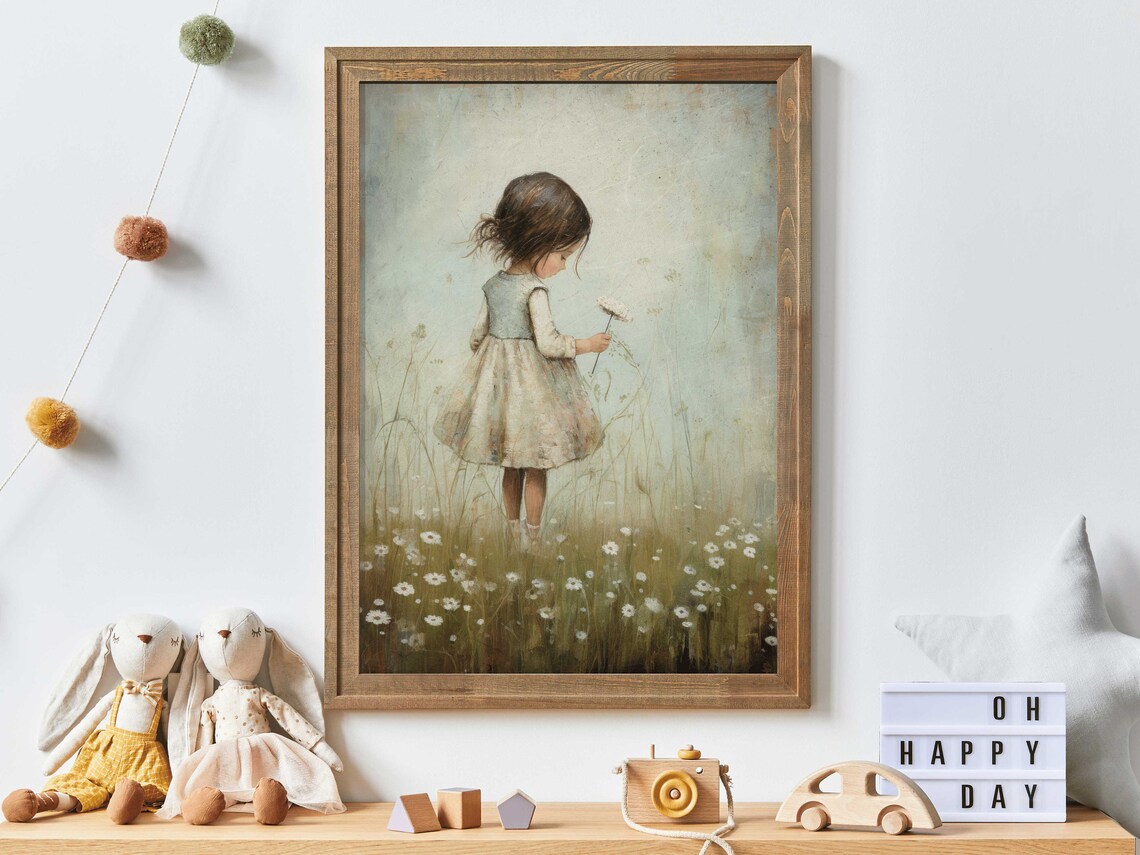 Little Girl With Dandelion In Wildflower Meadow Nursery Poster