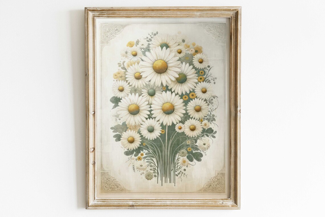 White Daisy Bouquet Vintage Botanical Floral Garden Home Poster - Image 3