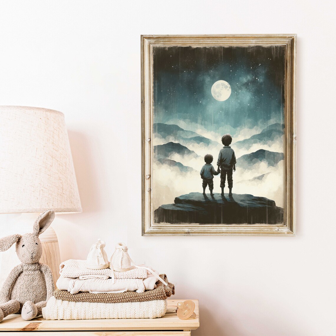 Two Brothers Gazing at Full Moon Over Misty Mountain Night Poster - Image 2