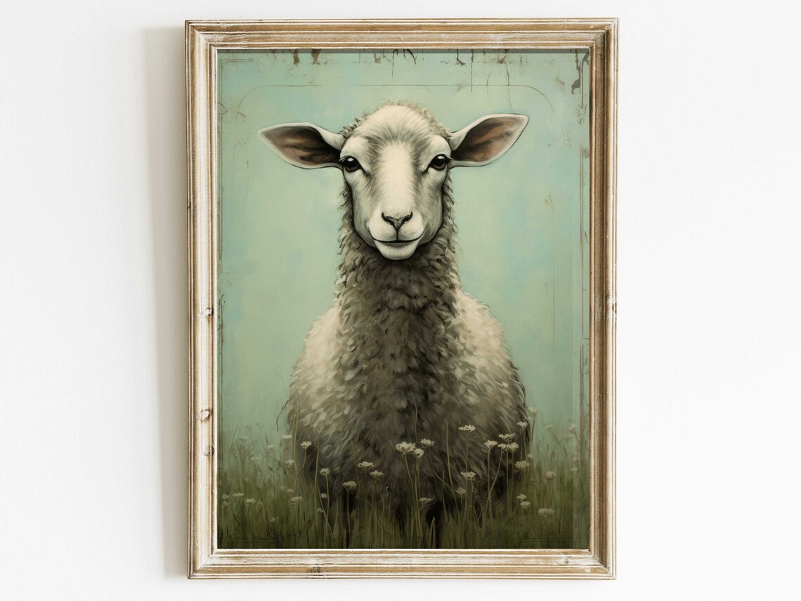 Fluffy Sheep Portrait On Mint Green Vintage Farm Animal Art Print