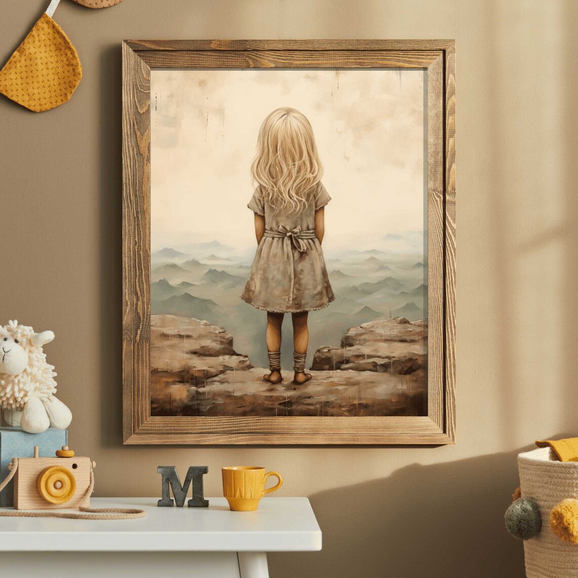 Little Blonde Girl Gazing Over Misty Mountains Adventure Nursery Poster - Image 2