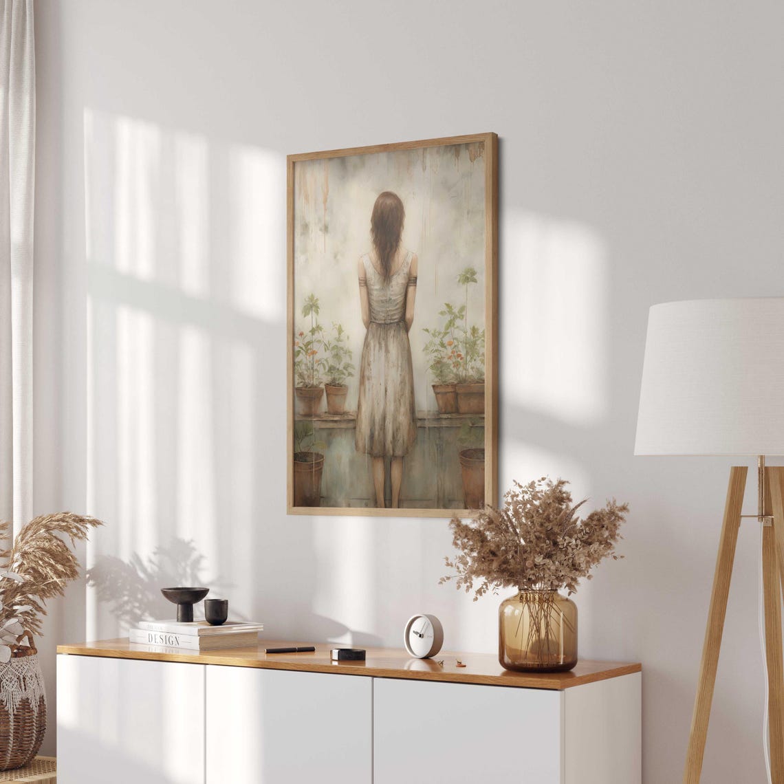Woman Among Potted Flowers Distressed Elegant Home Decor Poster - Image 2