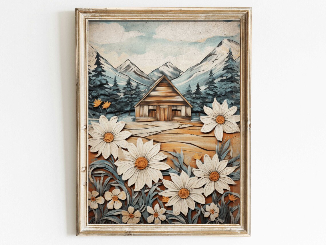 Cozy Log Cabin in Mountains with Daisies 3D Relief Art Poster