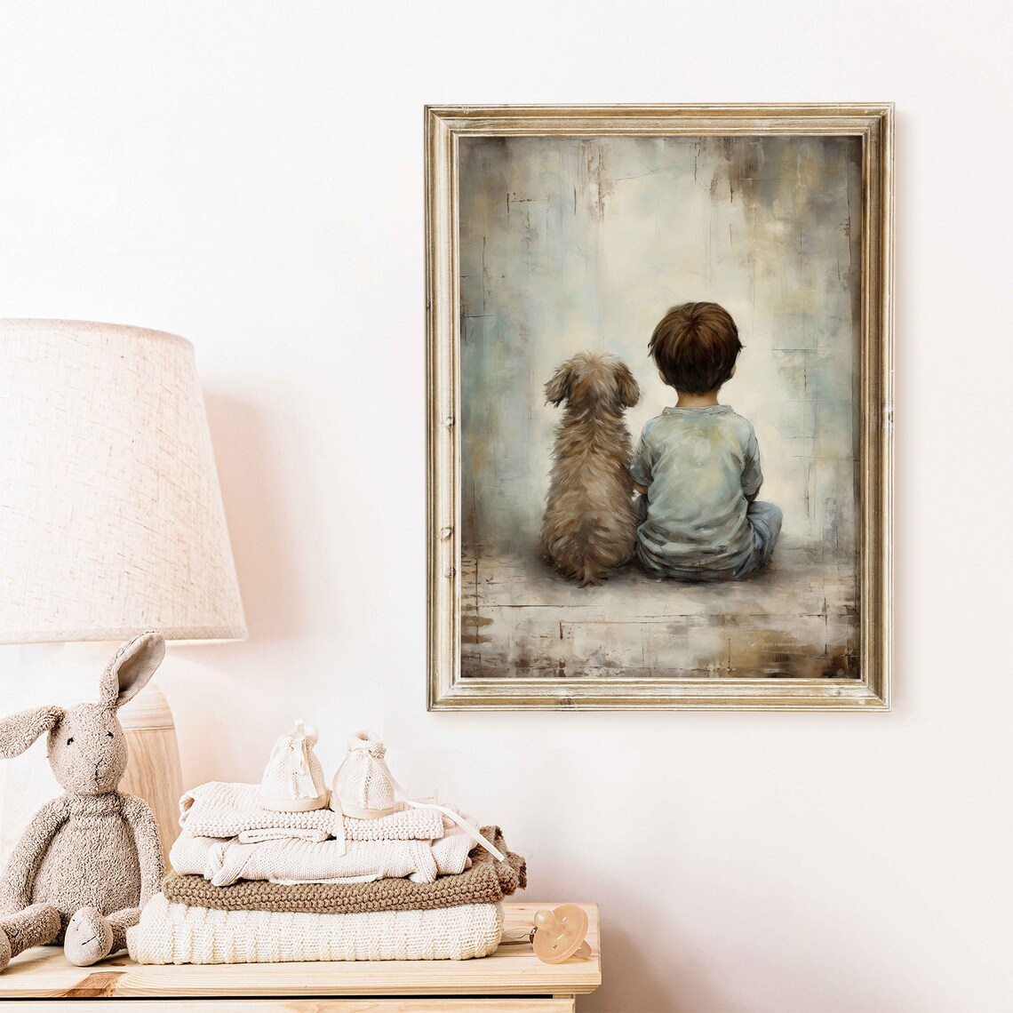 Boy and Puppy Sitting Side by Side in Vintage Style Art Poster - Image 2