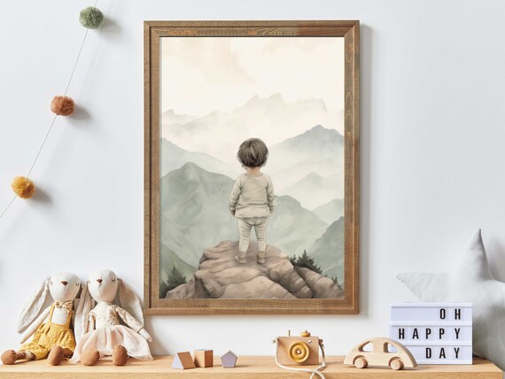 Toddler On Mountain Peak Poster Misty Watercolor Adventure Nursery Decor