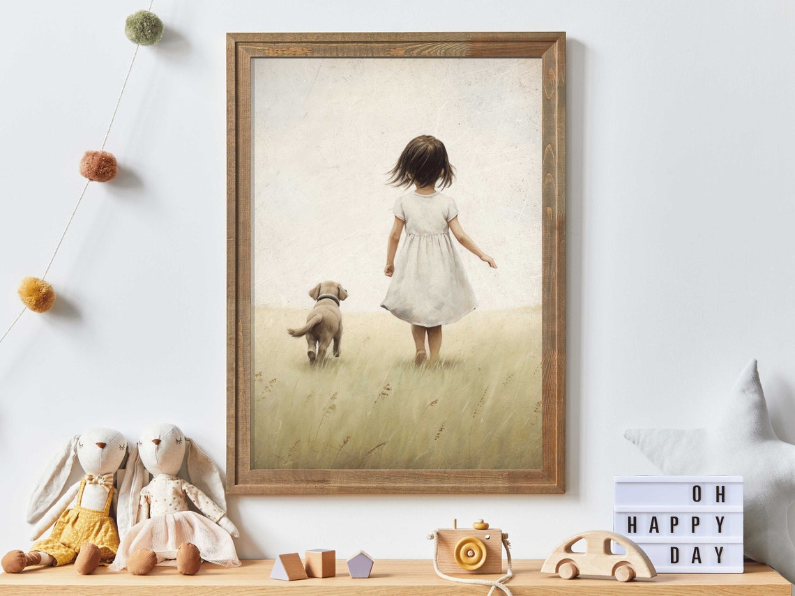 Girl And Dog Print Girly Wall Art Puppy Nursery Decor Unique Vintage Girls Room Dog Decor Animal Nursery Wall Art