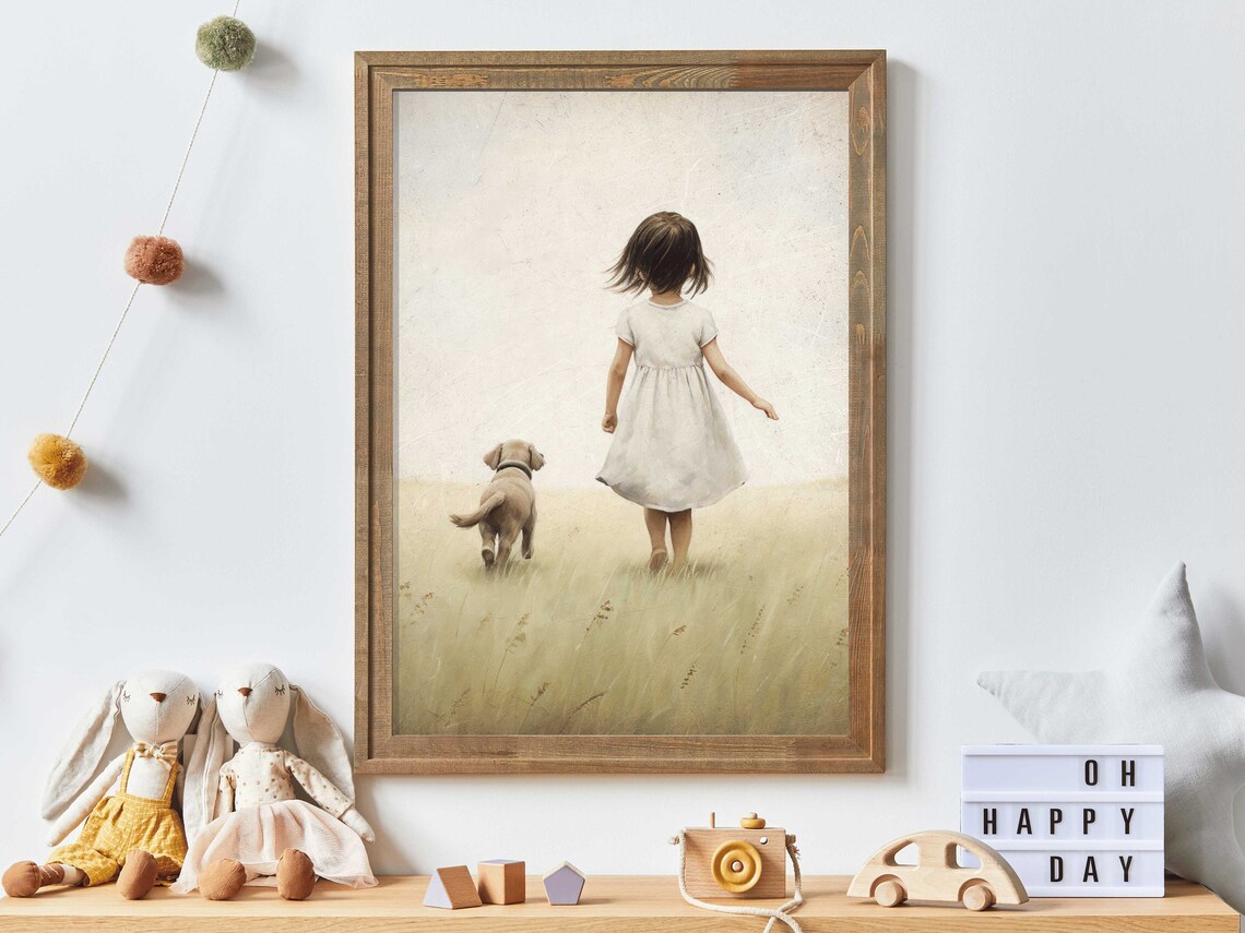 Little Girl And Puppy Walking Through Golden Field Vintage Art Print