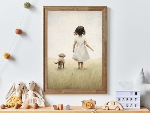 Little Girl And Puppy Walking Through Golden Field Vintage Art Print