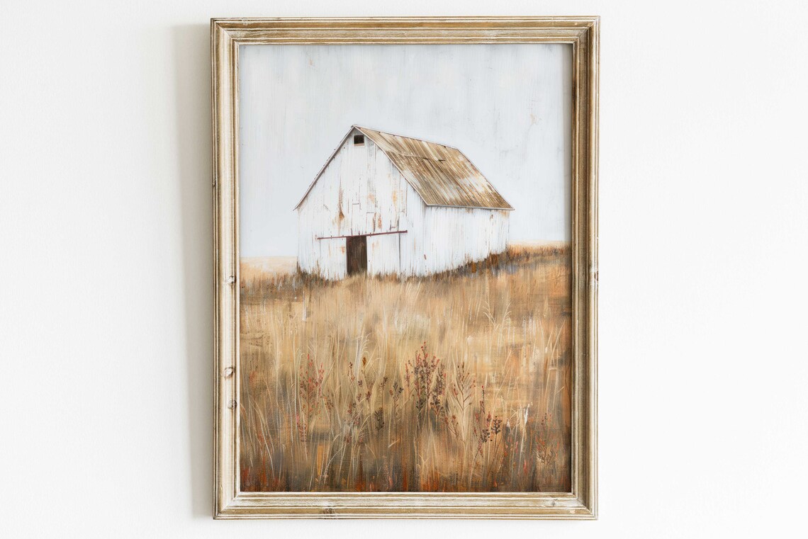 White Barn Art Print, Modern Farmhouse Landscape - Image 2