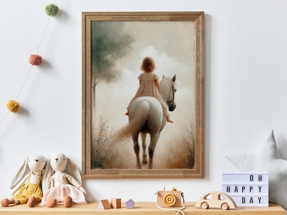 Girl Riding White Horse Through Misty Meadow Vintage Nursery Poster