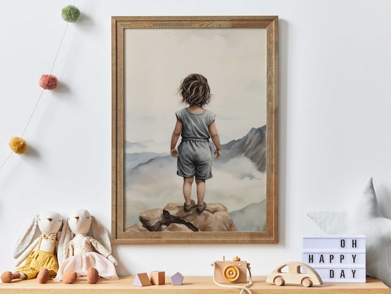 Little Child On Cliff Overlooking Misty Mountain Range Adventure Art Print