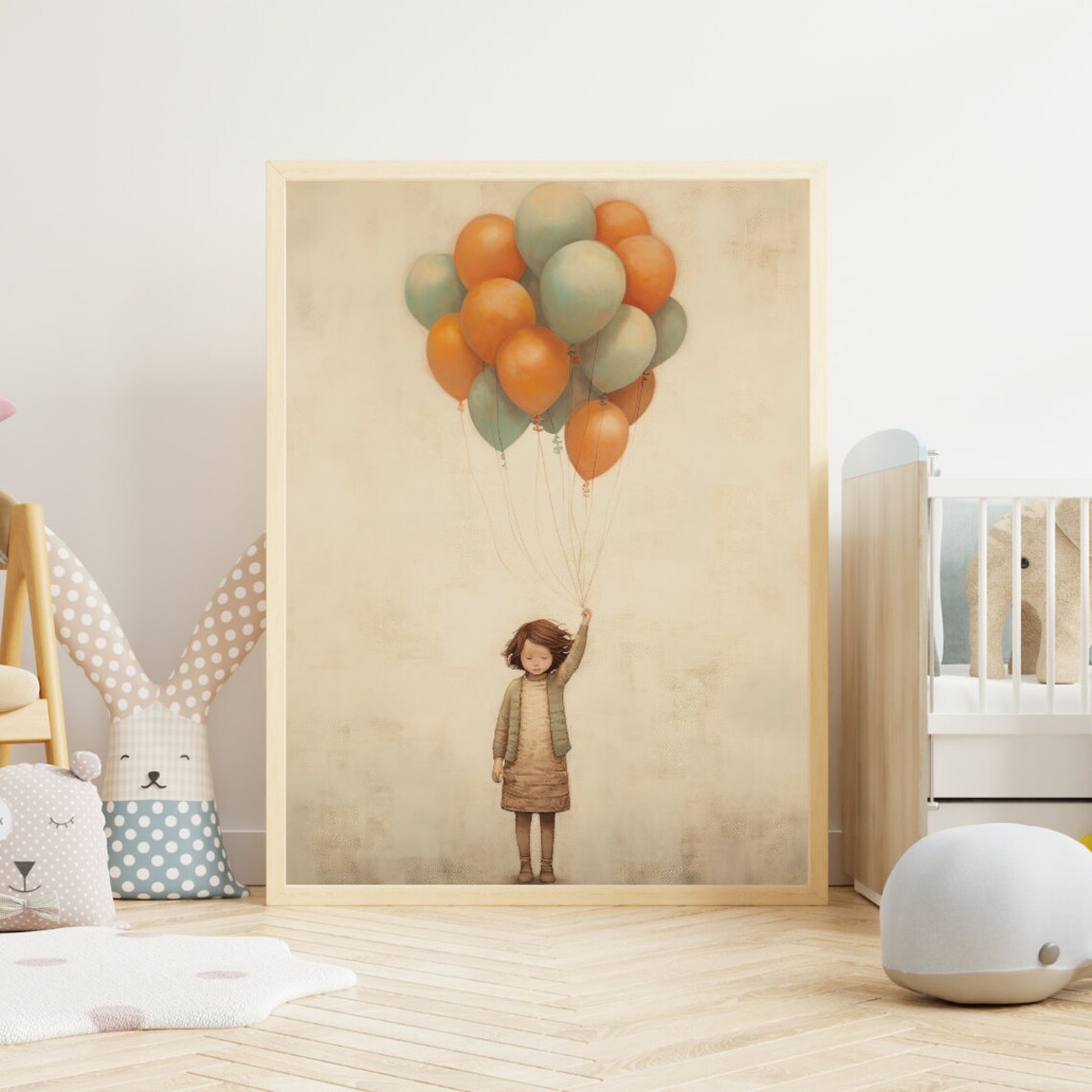 Little Girl Holding a Bouquet of Pastel Balloons Nursery Poster - Image 2