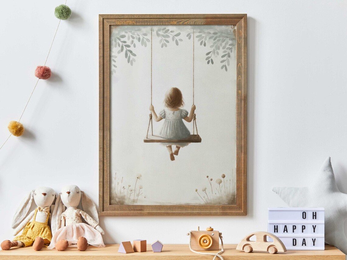 Sweet Toddler Girl On Swing Beneath Leafy Branches Nursery Poster