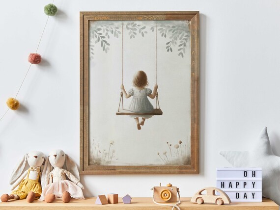 Sweet Toddler Girl On Swing Beneath Leafy Branches Nursery Poster